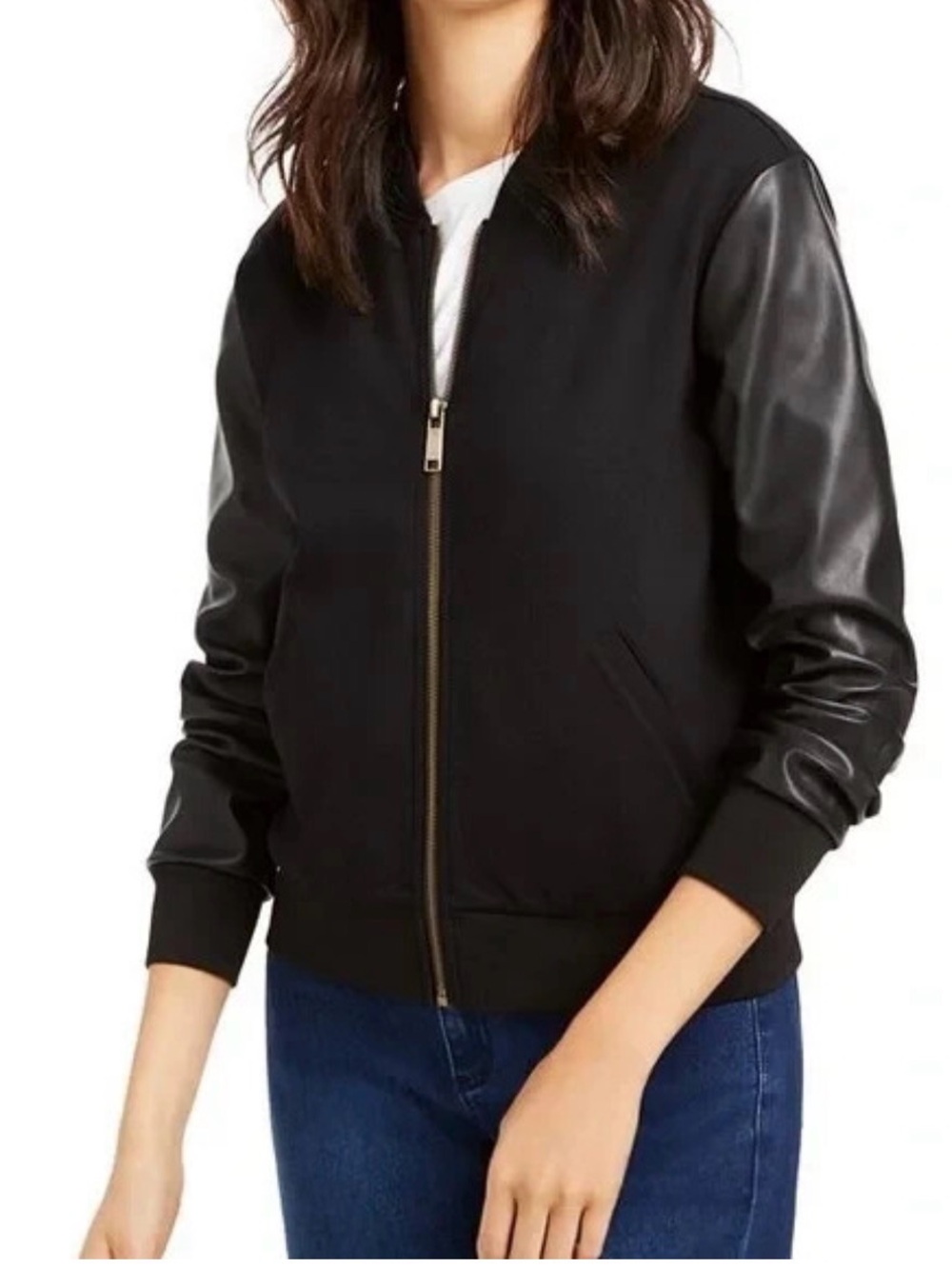 Michael Kors Black Bomber Jacket with Leather Sleeves